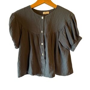 Roolee Charcoal Gray Button Front Gauze Puff Sleeve Top